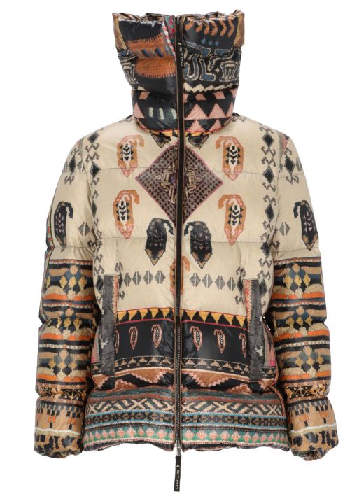 Quilted down jacket with geometric print