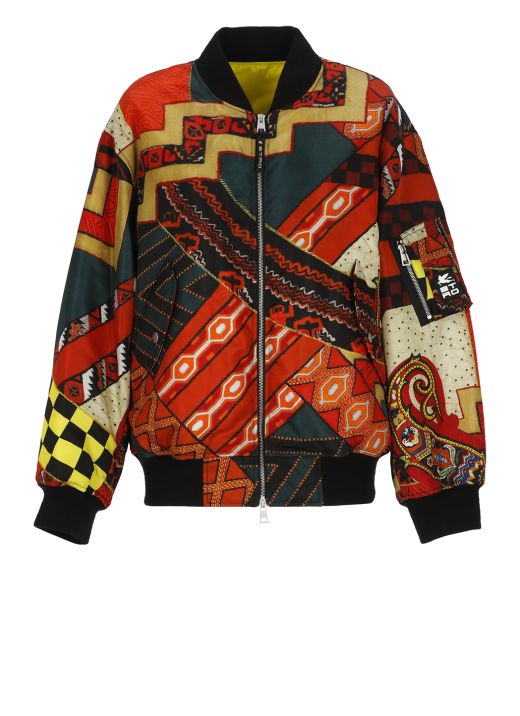 Patchwork bomber jacket with geometric patterns