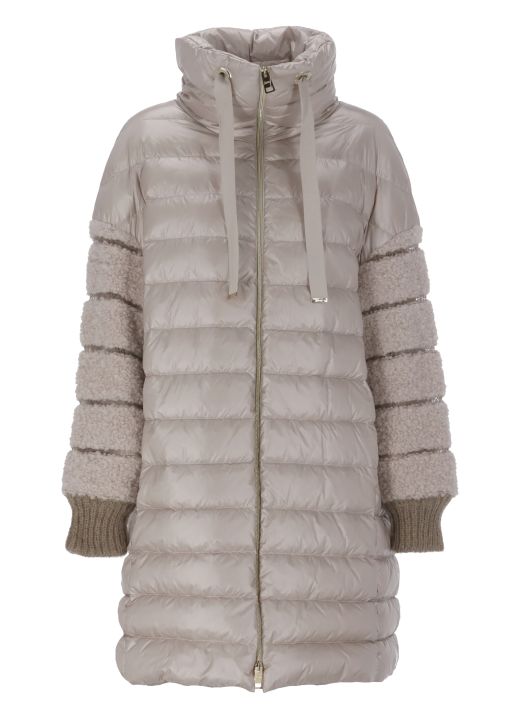 Down jacket with boucle' knitted sleeves